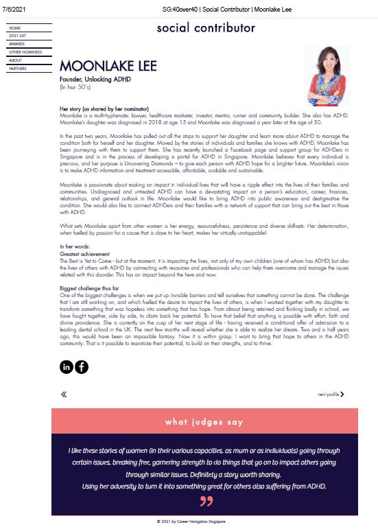 Unlocking ADHD Founder, Moonlake Lee's story on 40 over 40 Singapore as social contributor